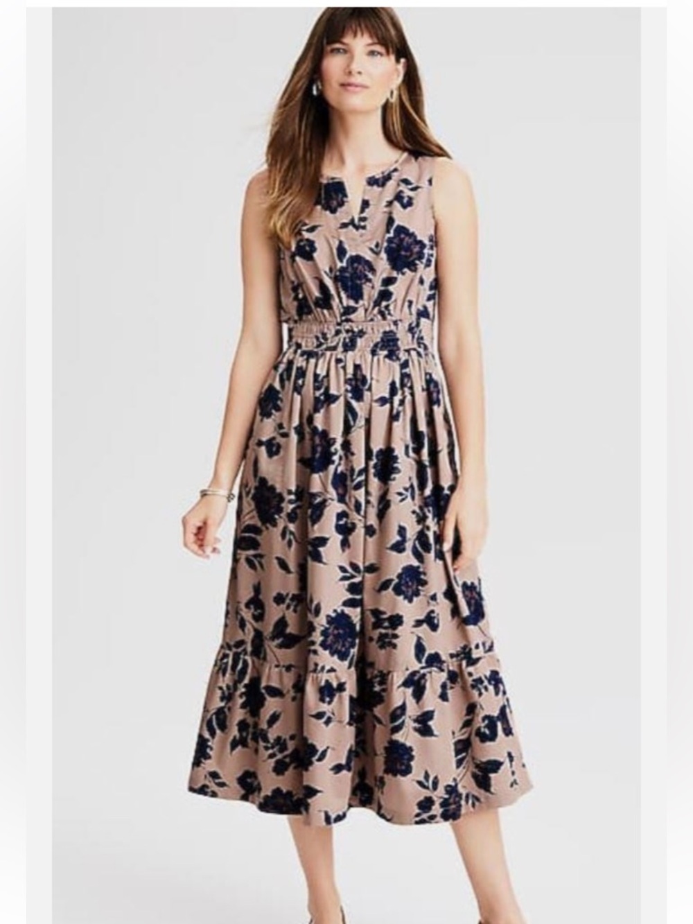 J Jill Floral Carefree Midi Dress Sz M Taupe Blue Fit Flare Tiered Cotton